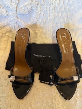 Giuseppe Zanotti Black Patent High Heel Mules with Crystal Accent #595